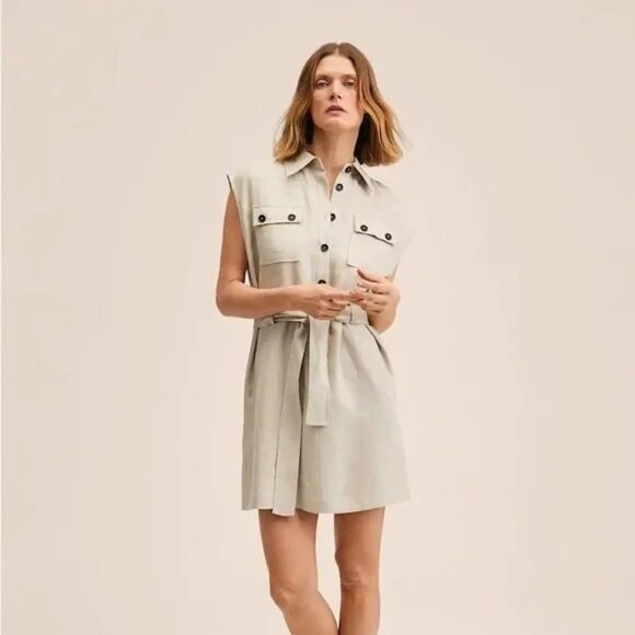 MNG Mango 100% Linen Beige Sleeveless Mini Dress - Picture 1 of 9